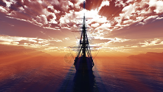 复古帆船旧船在海上日落天空运输海洋帆船血管3d商务太阳古董渲染背景