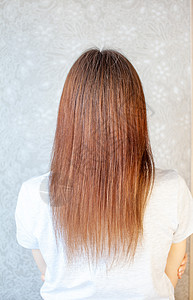 一个长长 直直和美丽的棕色头发的女孩 在家里照顾头发女性香脂理发化妆品皮肤奢华广告黑发发型护理图片
