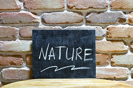 纸板上写着“自然”这个词 用手淹死 用木制桌子上的粉笔钉在砖壁背景上图片