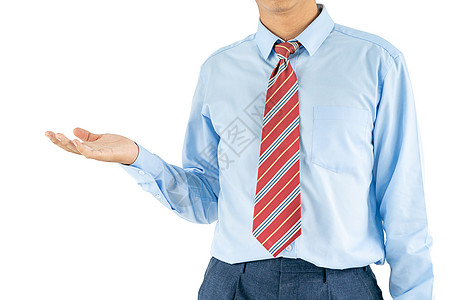 男性穿着蓝色衬衫 用剪切路径伸出手办公室经理工作白色上班族男人衣领援手衣服领带图片