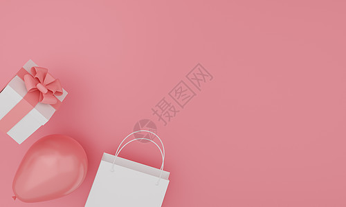 一套模拟纸袋礼品盒和粉红色背景的气球 节日设计  3d 渲染图片
