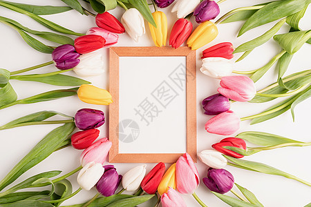 白色背景上有彩色春郁金香的木制框架桌子花朵打印艺术海报装饰嘲笑假期小样推介会图片