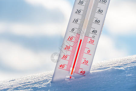 温度计在冬天躺在雪上 显示负温度 冬季恶劣气候下空气和环境温度低的气象条件 冬季结冰 阳光明媚的冬天寒冷测量雪花雪堆寒意预测低温图片