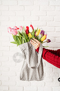 手持灰色圆点织布袋和多彩郁金香的妇女女士展示投标植物购物生态庆典桌子叶子浪费图片
