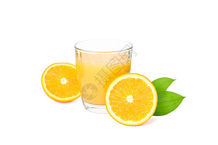 杯子上鲜橙汁 橙子上白底的叶子 新鲜自然饮品图片