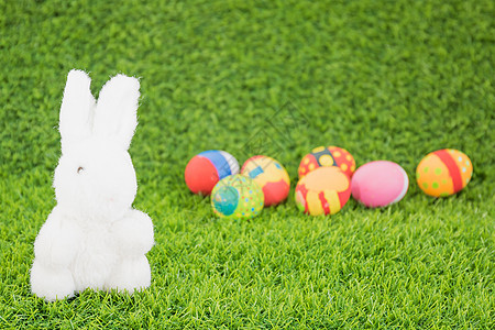 复活节兔子玩具和复活节蛋草原传统假期问候语季节性白色庆典绿色季节图片