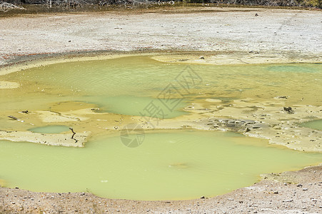 新西兰Waiotapu热热区绿松石湖矿物地标水池地热蒸汽沸腾蓝色衬套公园风景图片