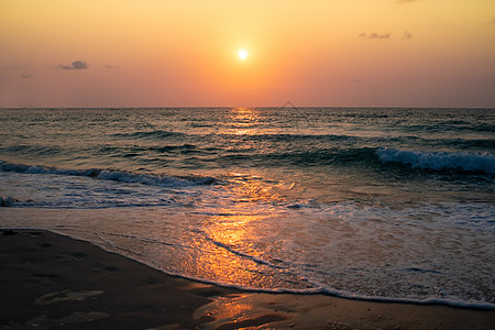 海浪海滩夏季充满了多彩的活力 日出或日落的背景景色在度假气候晴天天空异国橙子天堂椰子海岸叶子阳光图片