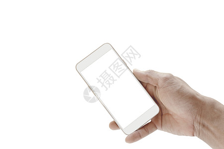 手机样机 白色屏幕与人手拿着智能手机 并使用在白色背景上隔离的触摸屏 复制空间与剪切路径图片