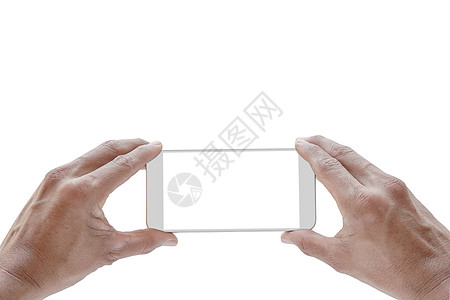 手机样机 白色屏幕与人手持智能手机并使用触摸屏拍摄在白色背景上隔离的照片 复制空间与剪切路径图片