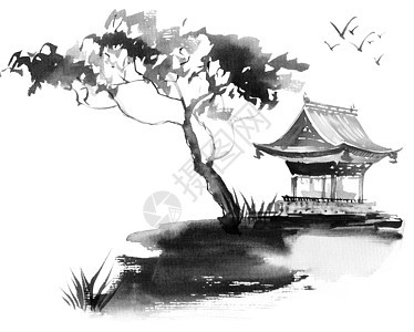 油墨和水彩树和日本建筑图片