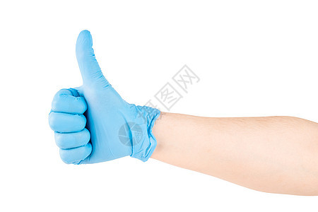 穿蓝乳胶的右天主教手 露出大拇指手势的医学手套诊所手指白色拇指外科医疗情感医生实验室安全图片