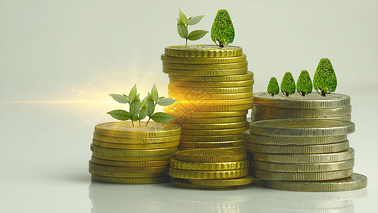 抽象堆叠硬币经济增长投资报告和财务估值的概念商业树叶预算花园富裕银行金子现金储蓄渲染图片