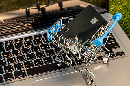 笔记本电脑键盘上迷你超市手推车中的信用卡灯光消费者战略技术电子商务信用广告顾客网站数据图片