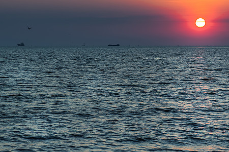 宁静的海面上美丽的日落 蓝橙色的天空优美海洋海滩国家海湾地平线蓝色墙纸海岸线橙子图片
