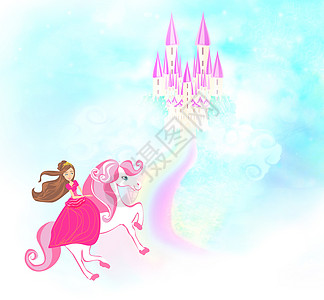 可爱的公主 在独角兽上飞在彩虹上建筑小说艺术插图树木堡垒娘娘腔城堡动物寓言图片
