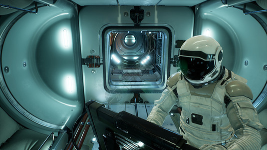宇宙飞船中的宇航员正在通过舷窗观察外星人未探索的星球  3D 渲染卫星小说星系星际气氛天文学飞船科学行星星星图片