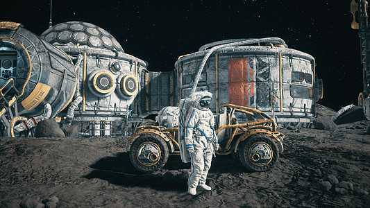 宇航员站在太空月球基地的月球旁 看到月球表面和月球聚居地3D降温勘探男人陨石殖民地流动环境天文行星宇宙火箭图片