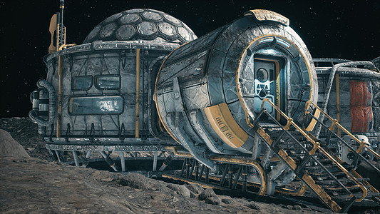 月球表面 月球聚居地和月球基地的宇航员 在月球漫游旁工作3D陨石飞船天文科学行星月亮技术殖民地太空人天文学图片