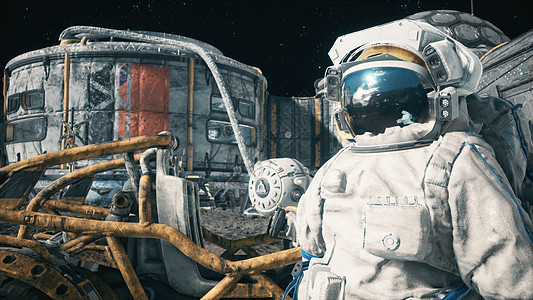 宇航员站在太空月球基地的月球旁 看到月球表面和月球聚居地3D降温卫星宇宙科学天空陨石太空人星云轨道星星技术图片