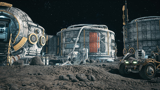 月球表面 月球聚居地和月球基地的宇航员 在月球漫游旁工作3D天文学流动星云男人气氛星系陨石轨道飞船卫星图片