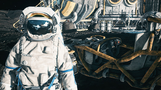 宇航员站在太空月球基地的月球旁 看到月球表面和月球聚居地3D降温火箭世界天文学星星科学太空人天空气氛陨石流动图片
