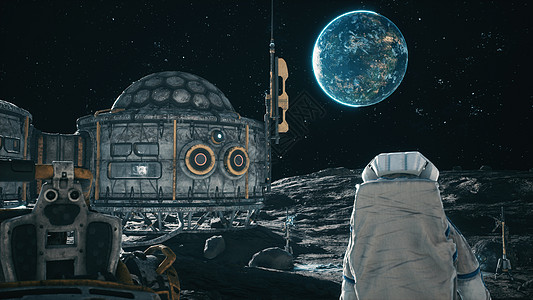 月球表面 月球聚居地和月球基地的宇航员 在月球漫游旁工作3D技术星系陨石科学环境世界卫星勘探飞船天文图片