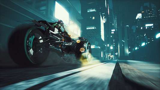 半机械人骑着未来的摩托车飞驰在夜晚网络城市的霓虹灯街道上 霓虹灯科幻城市的景色  3D 渲染小说虚拟现实速度辉光机器人科学运动技图片