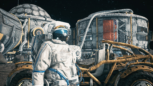宇航员站在太空月球基地的月球旁 看到月球表面和月球聚居地3D降温天文星云技术宇宙星系轨道星星火箭行星殖民地图片