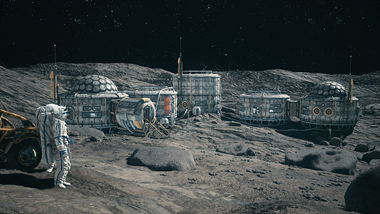 月球车附近的宇航员欣赏他们月球殖民地的月球基地 月球表面和太空基地的视图 3D 渲染轨道月亮太空人殖民勘探行星技术小说陨石飞船图片