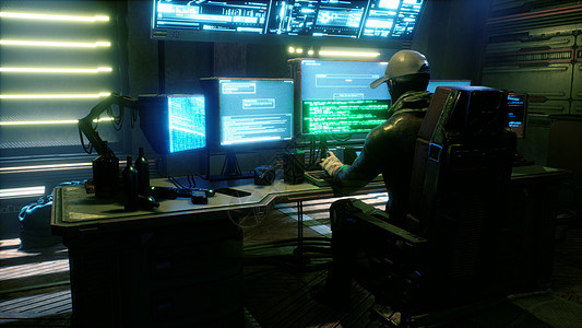 一名男性黑客被发光的监视器包围 在他办公室的一个黑暗房间里侵入别人的计算机网络  3D 渲染互联网间谍编程小说骇客代码密码键盘编图片