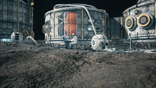 外星行星 空间聚居区或月球基地的表面观景 太空船停靠在附近飞船火箭探险家星际月亮殖民轨道宇宙小说太空图片