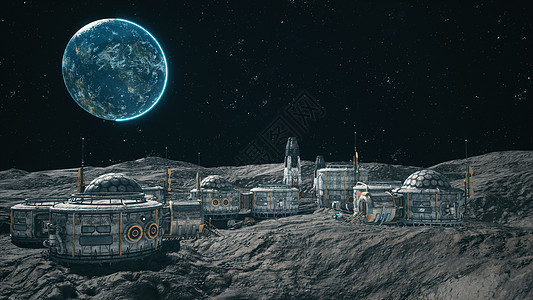 外星行星 空间聚居区或月球基地的表面观景 太空船停靠在附近小说卫星星际男人世界月亮太空科学殖民地科幻图片
