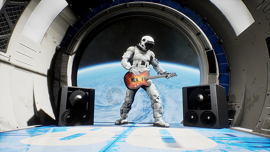 太空船上的宇航员玩吉他 空间摇滚乐3D图片