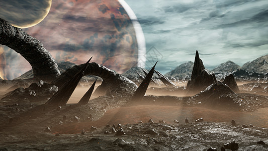 一个令人毛骨悚然的外星球表面的全景景观  3D 渲染沙漠行星月亮探险家天空宇航员星系小说殖民化科幻图片