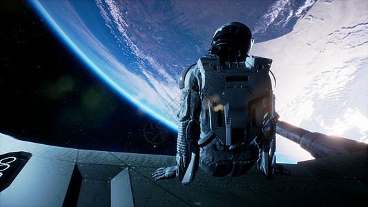 宇航员坐在太空船的机翼上 挥舞着双腿看着蓝色行星 3D成形飞碟地球月球外星人卫星星际星系勘探火箭技术图片