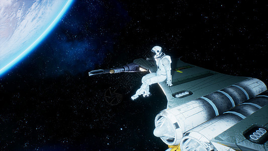 宇航员坐在太空船的机翼上 挥舞着双腿看着蓝色行星 3D成形外星人运输旅行飞行器轨道勘探月球小说地球卫星图片