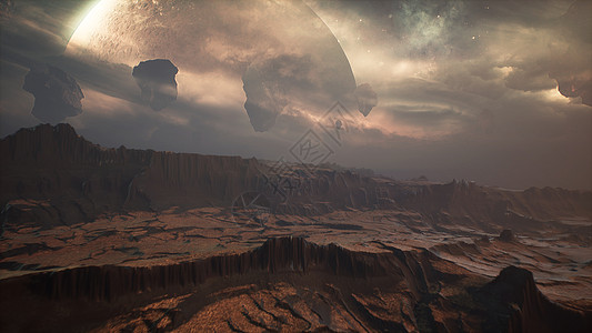 外星不寻常星球表面的全景景观  3D 渲染飞船世界外星人科幻探险家挑战宇宙天文学星星岩石图片