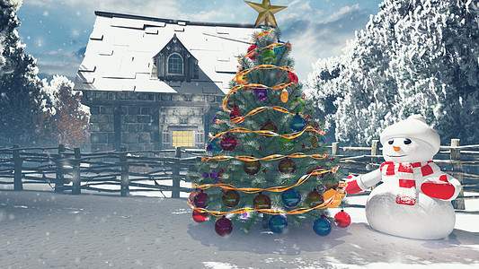 圣诞雪人在一个雪地魔法森林里 圣诞节和新年3D交接卡片作品渲染问候语喜悦推介会围巾帽子卡通片庆典图片