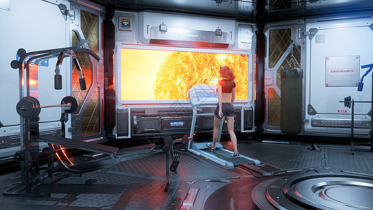 在未来派宇宙飞船的健身房里 一位漂亮的运动员在跑步机上奔跑 舷窗前可以俯瞰一颗燃烧的星星  3D渲染图片