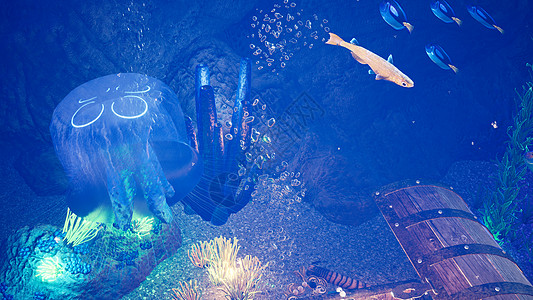 神话般的热带水下居民 海洋生物和热带美丽的水下海洋景观 水母 鱼和藻类 用黄金和钻石打开海盗宝箱 3D 渲染宝藏盒子冒险游泳古董图片