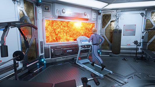一名女宇航员运动员在健身房的跑步机上跑步 在一艘未来派宇宙飞船上 在舷窗前俯瞰一颗燃烧的星星  3D渲染行星气氛地球科学女士科幻图片