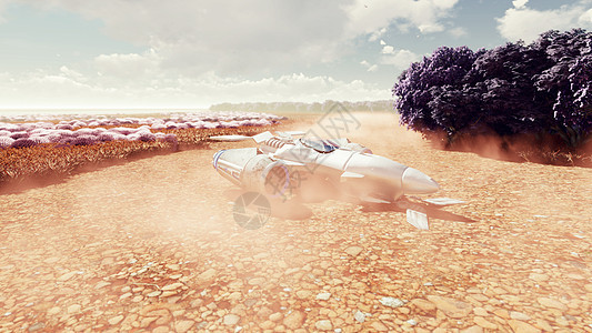一艘宇宙飞船降落在一个荒芜的外星球上 空间主题的概念  3D渲染轨道宇宙地球旅行技术太空人蓝色车辆星系世界图片