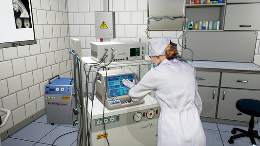一名女医学科学家在一个医疗实验室用一台触摸屏电脑工作 3D发音实验护士病人科学手术房间专家诊所外科保健图片