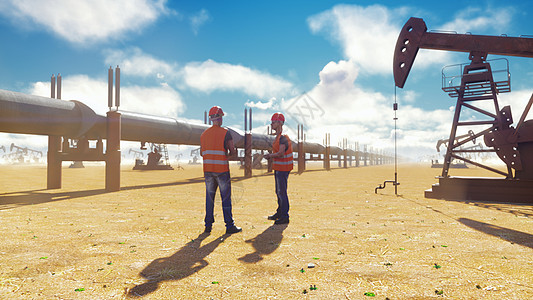 石油工人们在阳光日谈论油管附近 讨论石油泵的背景 3D招标图片