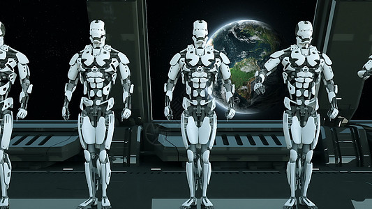 宇宙飞船上的机器人士兵在宇宙和行星的背景下敬礼  UFO 的未来派概念  3D 渲染电子人机器技术车站安全窗户科学火星星系塑料图片