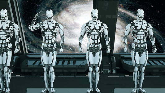宇宙飞船上的机器人士兵在宇宙和行星的背景下敬礼  UFO 的未来派概念  3D 渲染飞船窗户机器科学动画片动物火星车站身体技术图片