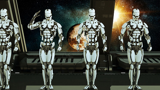 宇宙飞船上的机器人士兵在宇宙和行星的背景下敬礼  UFO 的未来派概念  3D 渲染机器电子人科学火星动画片多伴侣塑料窗户相机车图片