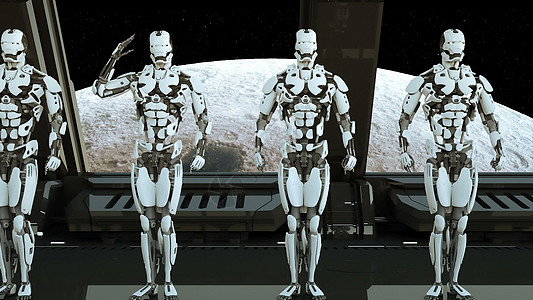 宇宙飞船上的机器人士兵在宇宙和行星的背景下敬礼  UFO 的未来派概念  3D 渲染身体火星窗户勘探相机星系多伴侣塑料动物车站图片