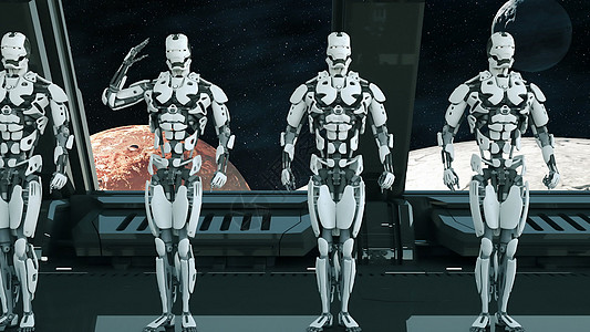 宇宙飞船上的机器人士兵在宇宙和行星的背景下敬礼  UFO 的未来派概念  3D 渲染动画片科学窗户飞船塑料3d星系电子人机器勘探图片